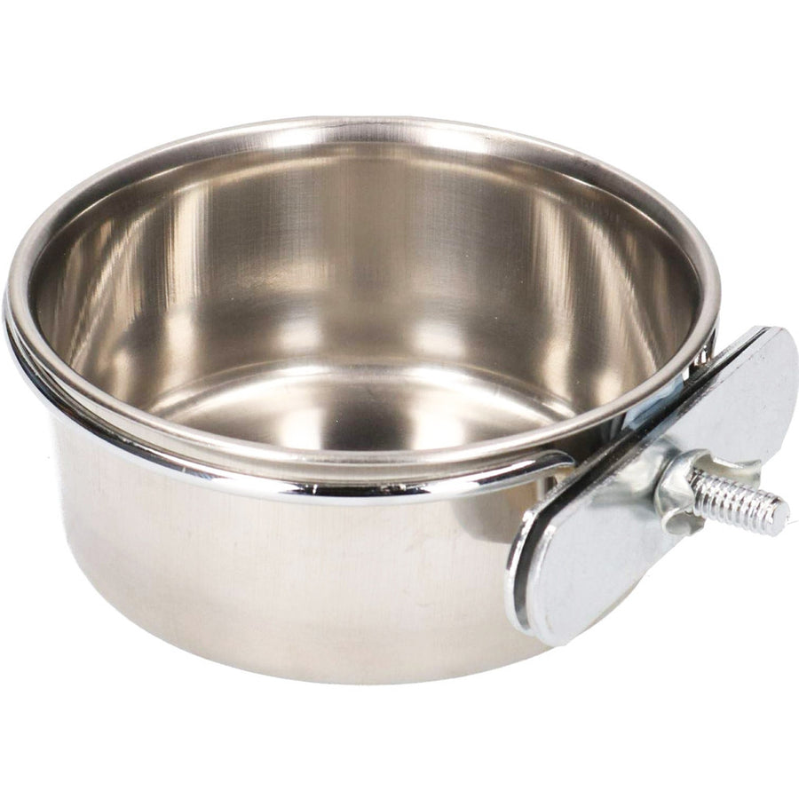 Stainless steel coop cup with bolt box - durable feeding solution for poultry and small animals.